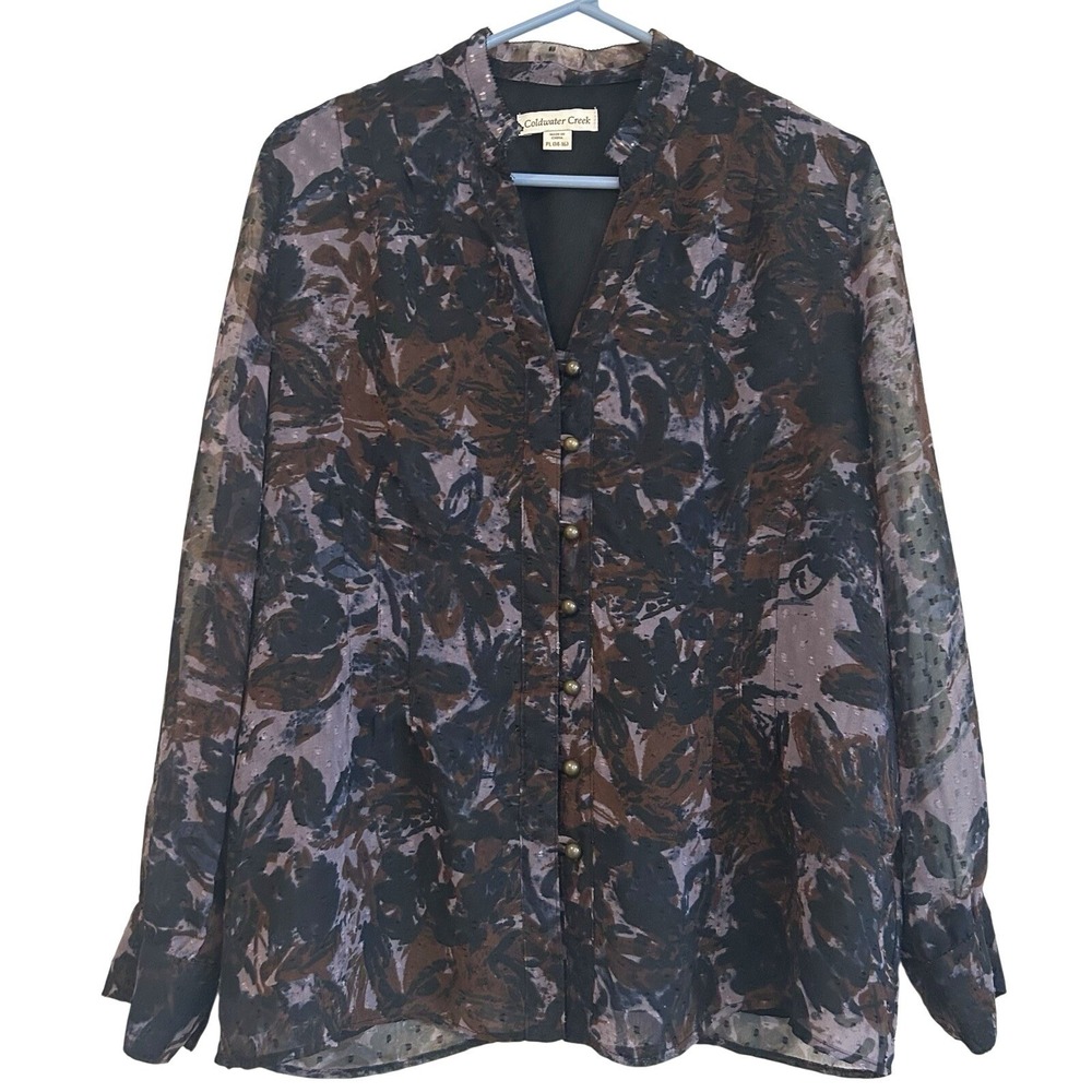 Dark Floral Purple Sheer Blouse Size PL 14-16 Buttons Romantic Coldwater Creek - Picture 1 of 14